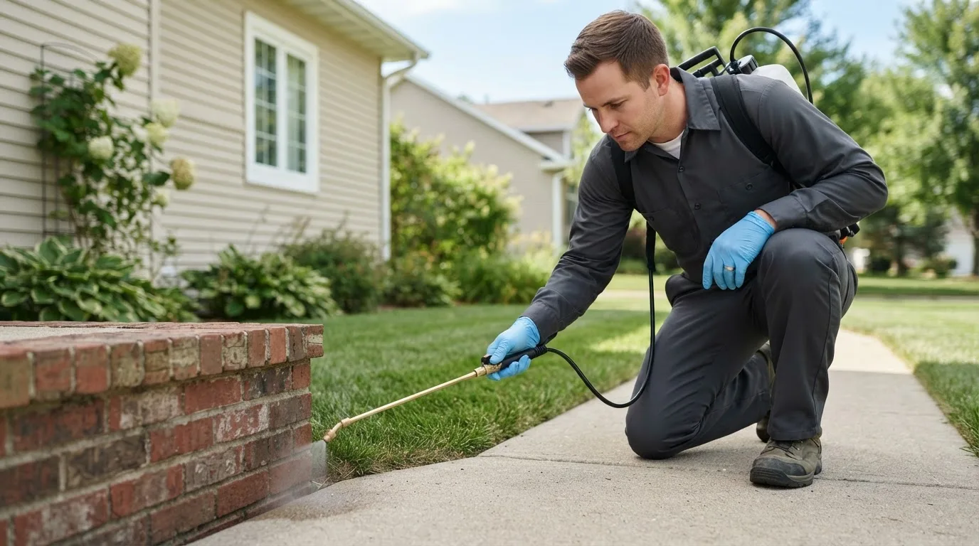 Pest control technician treating a home near Garden City, AL